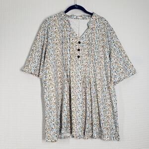 Hocosit Tunic Top Womens XXL White Ditsy Floral Pleated Flutter Sleeve Bohemian